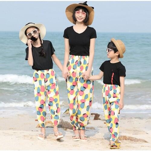 Free Shipping 2019 Women Summer Trousers Girls boys Beach Casual Seaside Sunscreen Shade Flower Pants Family Matching Outfits