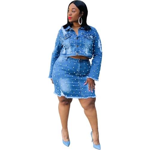 4XL 5XL Plus Size Denim Women Two Piece Sets Long Sleeve Beading Short Jacket Coat And Skirt Womens Sets Causal Suits Club Wear