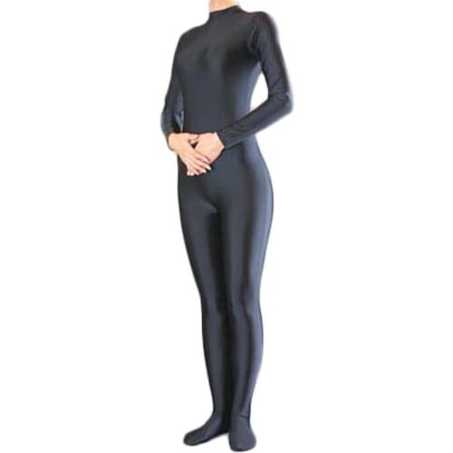 Women Long Sleeve Black Spandex Zentai Unitard Dance Lycra Catsuit Mock Neck Full Bodysuits Footed Zip Second Skin Tight Suits