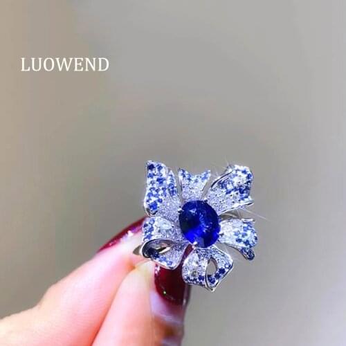 LUOWEND 18K White Engagement Ring Blue Sapphire Rings Flower Shape Natural Diamond Ring Luxury Women Party Jewelry Customize