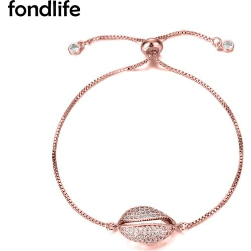 AAA Shiny White Cubic Zirconia Stones Rosegold Plated Brass Cowrie Seashell Cham Adjustable Bracelet Women Copper CZ Jewelry Her