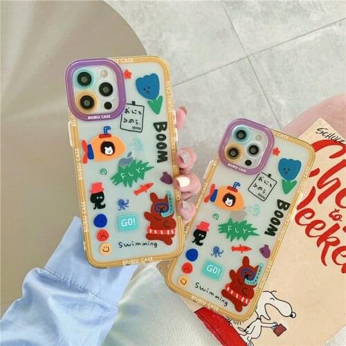 LISM Ins Cartoon Graffiti Phone Case For iPhone 11 12 Pro Max Mini XR XS Max X 7 8 Plus Interest Boom Frosting Full Case Cover