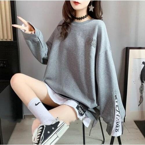 Black Casual Sweatshirt Women Long Sleeved Zipper Loose Harajuku Streetwear Hoodies Embroidery Students Grey Blue Tops Pullovers