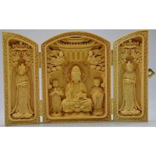 Decorated 100% Boxwood High Difficulty Carved Folding Box Kwan-yin Buddha Statue