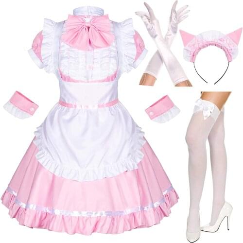 Lolita Gothic Japanese Dress Kawaii Pink Clothes Cosplay Anime Apron Maid Dress with Socks Gloves Set Maid Costume Sexy Outfit