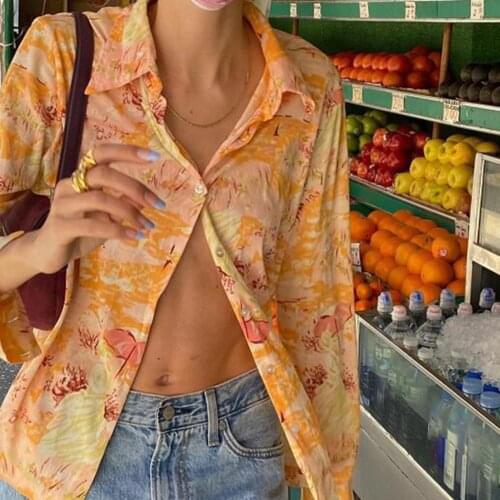 2 Colors Casual Shirt Turn-down Collar Long Sleeve Light Color Printed Thin Single-breasted Summer Blouse for Vacation 2021