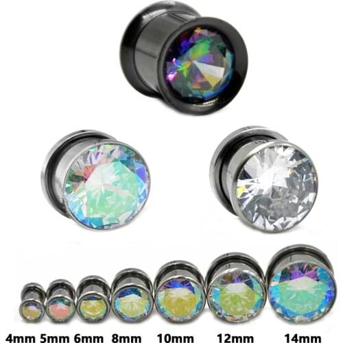 Showlove-2PC Colorful Aurora Zircon Clear Gem Threaded Double Flared Ear Gauges Ear Tunnel Ear Expander Body Piercing Jewelry