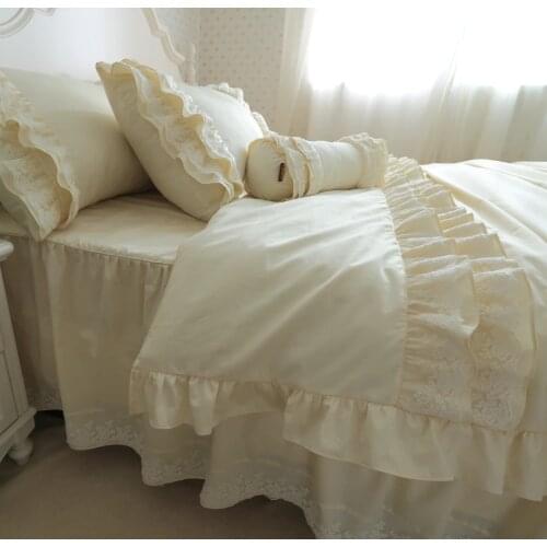 Luxury bedding set queen size embroidery ruffle lace Light beige cotton twill yarn Korean Princess duvet cover pillowcase HM-10S