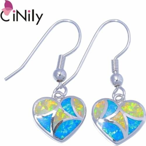 CiNily Created Yellow Blue Fire Opal Silver Plated Wholesale Hot Sell Heart For Women Jewelry Dangle Earrings 1 1/4" OH4465