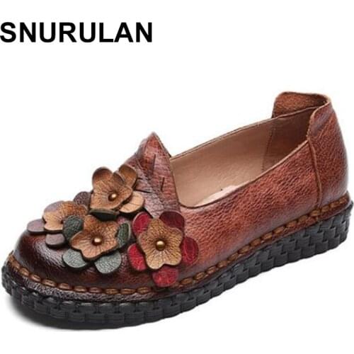 SNURULAN Hand Made Retro Lady Round Toe Flat Shoes Elegant Genuine Leather Fashion Flats Ethnic Flower Loafer Girl Shoes