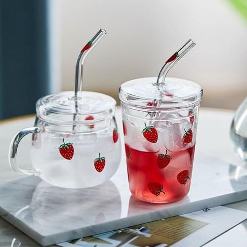 INS Strawberry Glass Water Cup With Straw With Lid Lovely Sweet Milk Juice Cups Breakfast Home Office Water Bottle