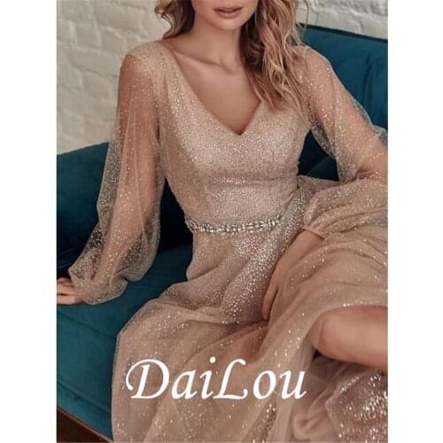 A-Line Glittering Maxi Party Wear Prom Dress V Neck Long Sleeve Floor Length Tulle Sequined with Sash / Ribbon Sequin 2021
