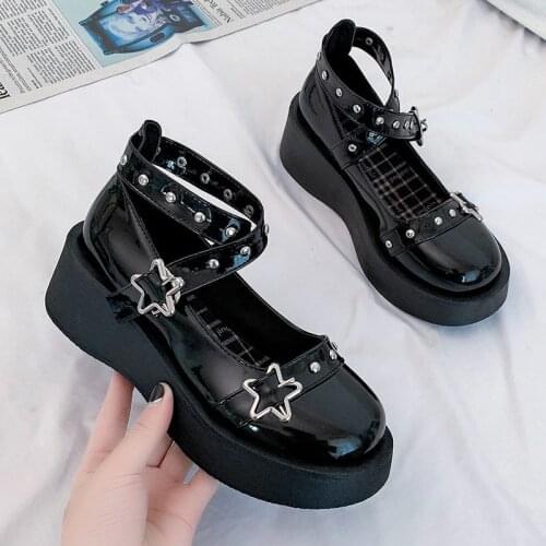 Lolita Shoes Star Buckle Mary Janes Shoes Women Cross-tied Platform Shoes Patent Leather Girls Shoes Rivet Casual Shoes 8570G