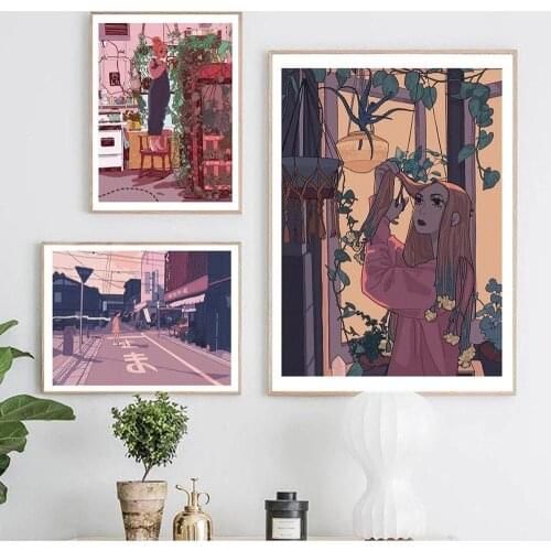 Japanese Anime At Poster Boho Vintage Botanical Street Canvas Painting Retro Wall Pictures for Living Room Home Decor No Frame