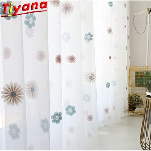 Lovely Blue/Pink Flower Embroidered Curtain Tulle for Living Room Idyllic Tiny Flowers Window Drapes for Balcony X-HM363#30