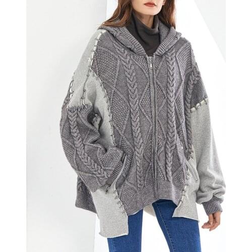 2021 Spring Korean Sweater Cardigans Women Oversized Loose Long Sleeve Pocket Hit Color Female Hooded Knitted Coat Fall Clothing