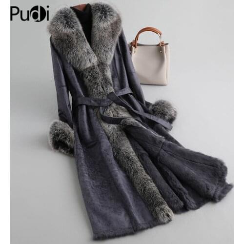 A89105 Women Polyester Fabric Coat Lady Fox Fur Collar Rabbit Fur Lining Leisure Fall/Winter Wool Long Outwear