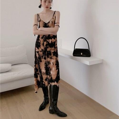 JMPRS Tie Dye Sexy Spaghetti Strap Dress Fashion Print Loose Summer Backless Bandage Irregular Beach New Female Dress 2021