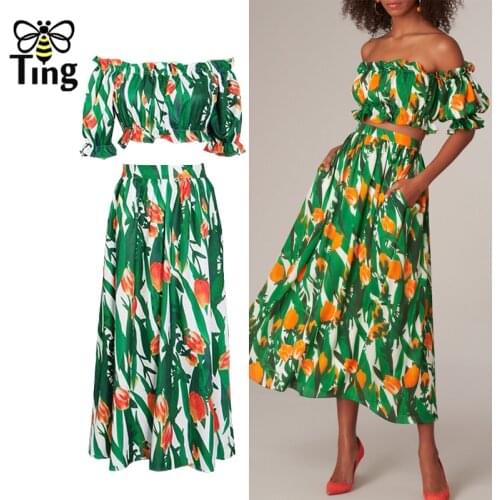 Tingfly 2021 Summer Tropical Green Print Ruched Cropped + Midi Skirts Women Dress 2 Pieces Sets Vacation Beach Outfits Dresses