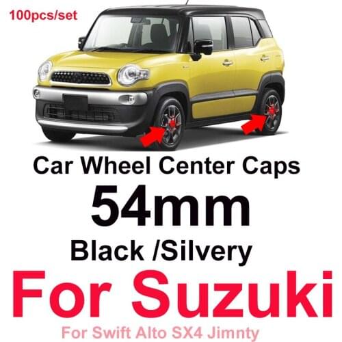 100pcs Car Accessory 54mm Wheel Hub Cover Auto EmbLem Wheel Center Caps 5.4CM Black/Silvery for Suzuki Swift Alto SX4 Jimnty