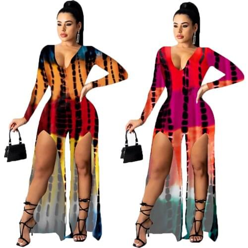 2021 Autumn Fashion Sexy Casual Printed Split Pants Zipper Jumpsuit