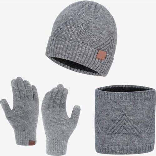 3Pcs Unisex Winter Beanie Hat Scarf Touch Screen Gloves Set Triangle Striped Knit Plush Lined Cuffed Skull Cap Warmer