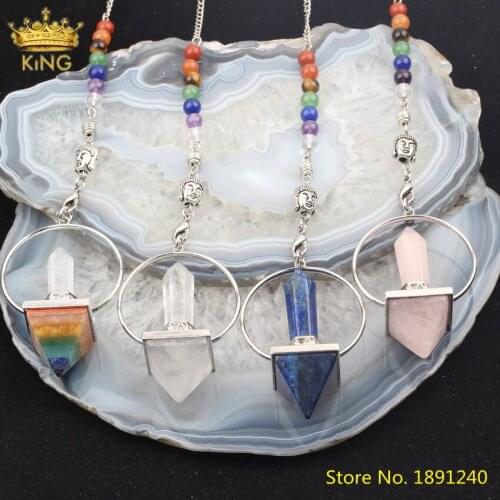 5pcs Natural Crystal Gemstones Pyramid Pendulum Chains Pendant Silvery Rune Buddha Charms 7 Reiki Healing Beads Pendulum Jewelry
