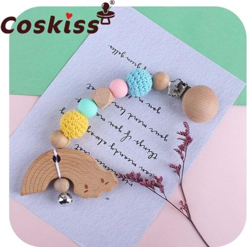 Coskiss 1pcs Baby Wooden Teether BPA Free Beech Rodent Crochet Wooden Beads Pacifier Pendant Bells Soother Clasp Toy Gift