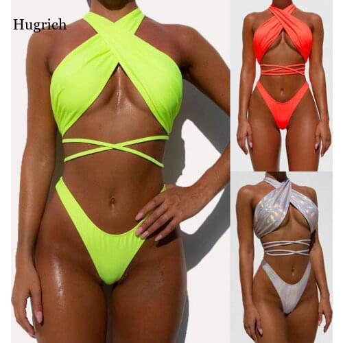 Women Bikini Set Swimsuit Push Up High Waist Two Pieces Bikini Cross Solid Halter Swimwear Swimsuit Beachwear Mujer