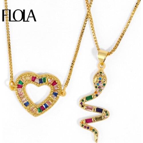 FLOLA Rainbow Snake Necklace For Women Crystal Zircon Heart Pendant Necklaces CZ Paved Gold Jewelry Woman Gifts arcoiris nkeq87