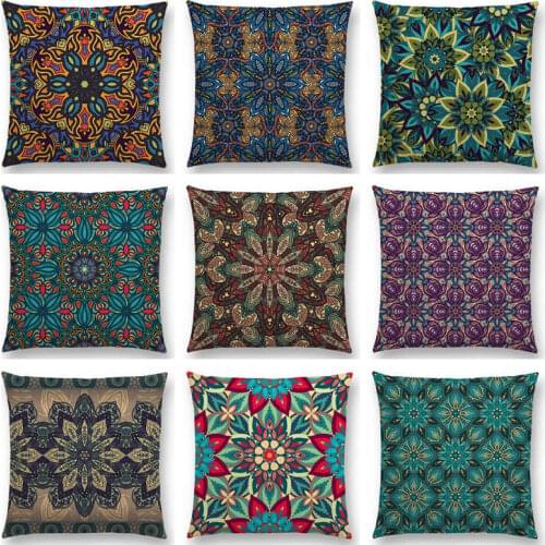 Hot Sale Gorgeous Boho Colorful Flowers Abstract Ethnic Mandalas Floral Pattern Geometric Decor Retro Cushion Sofa Throw Pillow