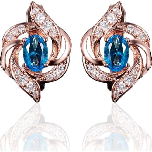 HANRESHE Blue StoneEarrings Leaf Shaped Stud Earrings For Women 585 Rose Gold Filled Earring Womens Round Fashion Jewelry Gift