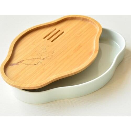 Japanese-Style Ceramic Tea Tray Water Storage Small Dry Tea Tray Tea Table Tea Tray Bamboo Panel Shadow Blue Procelain Tea Tray