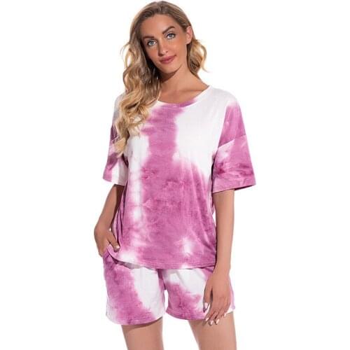 2Pcs Summer Womens Pajamas Set Fashion Tie Dyed Short Sleeve Shorts Casual Sleepwear Home Wear Suit Knitted Cotton New Comfort