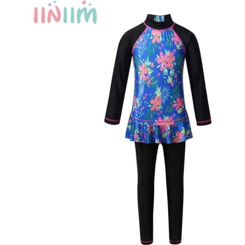 Iiniim Summer Girls Wetsuit Floral Printed Long Sleeves Rash Guard Swimsuit Swimwear Bathing Suit Set Kids Surfing Beach wear