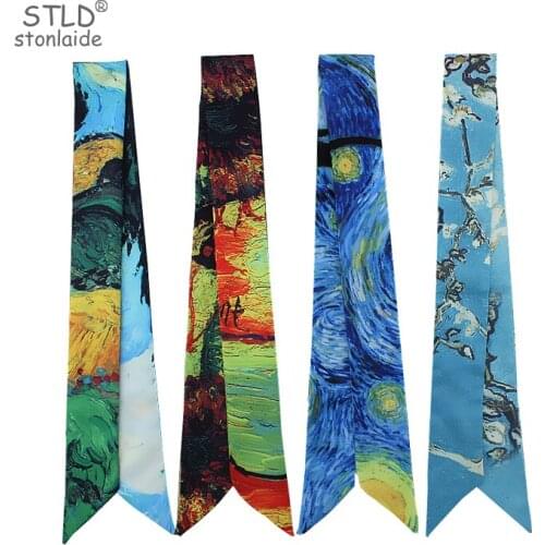 2019 New Van Gogh Oil Painting Skinny Bag Scarves Multi-function Silk Scarf For Women Fashion Head Scarf Wrist Towel For Ladies