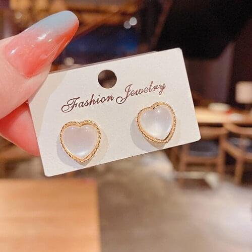 Cute Korean Fashion Opal Heart Small Stud Earrings for Women Trendy Kpop Jewelry Gold Color Pendientes Wholesale C381
