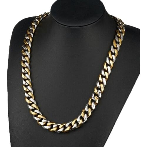 15mm Length Mens Gold Black High Quality Stainless Steel Necklace Curb Cuban Link Chain Fashion Jewelry