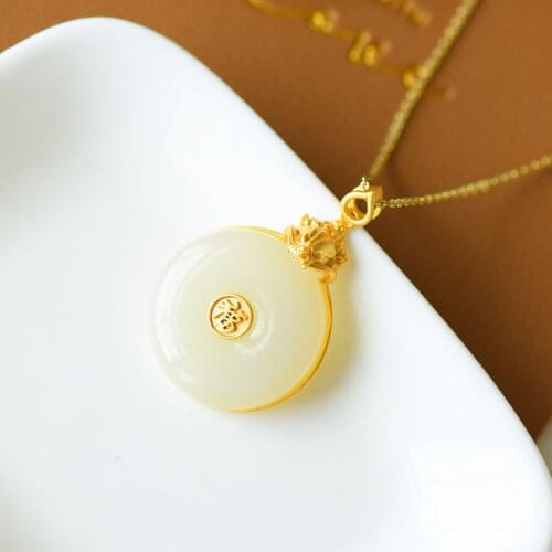 National Fashion Antique Style Natural White Jade Peace Buckle Necklace Womens S925 Sterling Silver Gold-Plated Collarbone