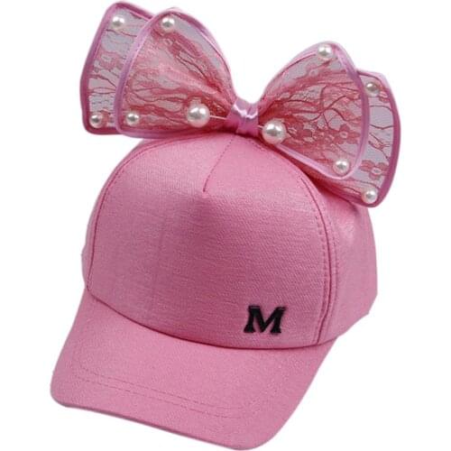 2018 New Country Style Baby Girls M Letter Baseball Cap Summer Big Bowknot Faux Pearl Beach Sun Hat