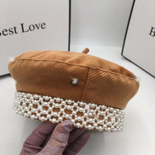 The new brown corduroy womens beret with pearls painter female socialite womens hat