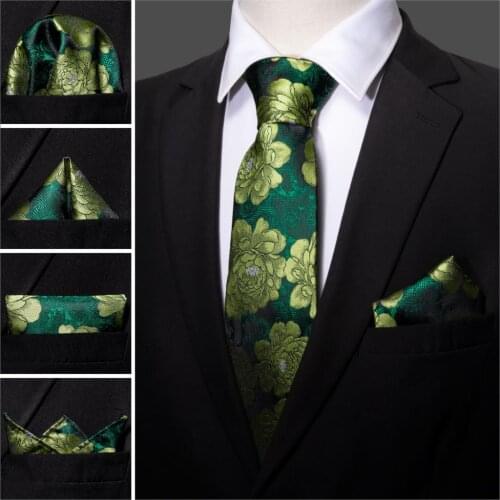 New Fashion Green Floral Men Tie Set 100% Silk Handkerchief Ties For Men Gift Wedding Barry.Wang Designer Necktie LS-5214