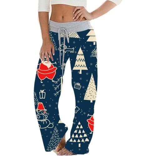 Autumn Women Long Pants Casual Loose Drawstring Lace Up Christmas Print Sweatpants Female High Waist Wide Leg Trousers Plus Size