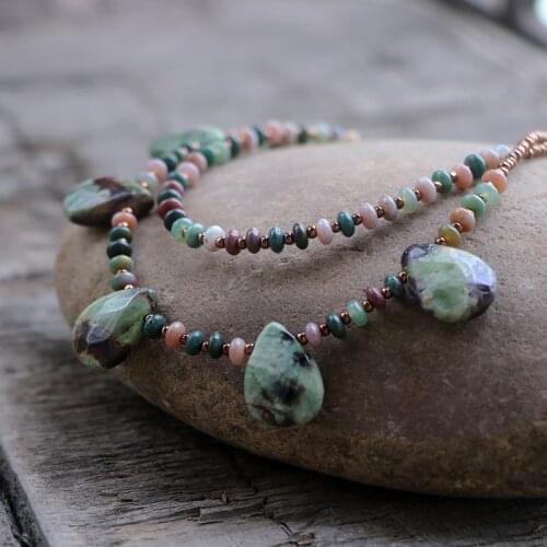 Colorful Natural Indian Agates Beads & Water Drop Green Opals Choker Necklace 60CM Length Handmade Jewelry
