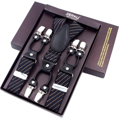 JIERKU Suspenders Mans Braces 6 Clips Black Leather Suspensorio Trousers Strap Tirante Father/Husbands Gift 3.5*120cm JI6C-630