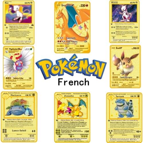 Pokemon Metal Card EX GX Pikachu French Version Fire-breathing Dragon Gold Vmax Card Game Collection Card Gift for Children Toy