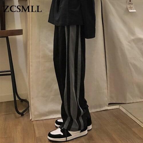 ZCSMLL Large size casual sports pants womens pants loose and thin straight-leg pants retro striped wide-leg pants trousers