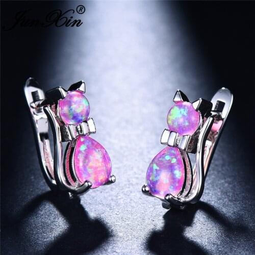 JUNXIN Cute Cat Hoop Earrings Blue Purple Pink White Fire Opal Earrings For Women White Gold Filled/Rose Gold Earrings Jewelry