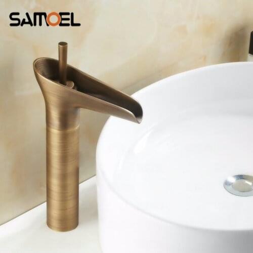Basin Waterfall Faucets Mixer Taps Antique Brass Finished Hot and Cold Deck Mounted Cup Sink Faucet AF1038