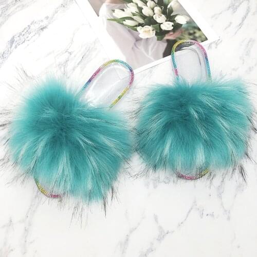 Summer Faux Fur Slippers Sandals Fluffy Flip Flops 2021 New Slides Fur Slippers Ladies Fashion Crystal Flip Flops